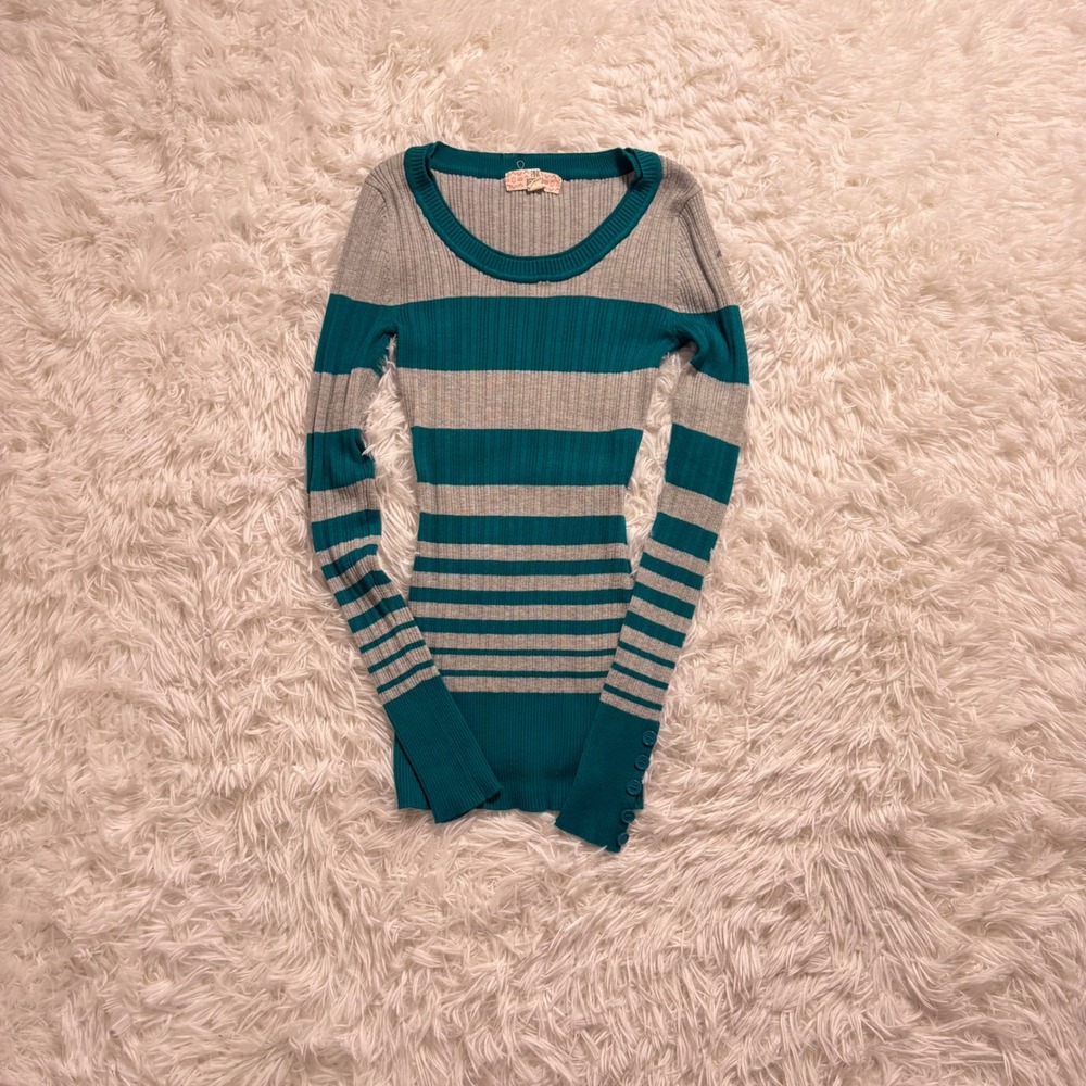y2k gray & teal striped knit scoop neck sweater small